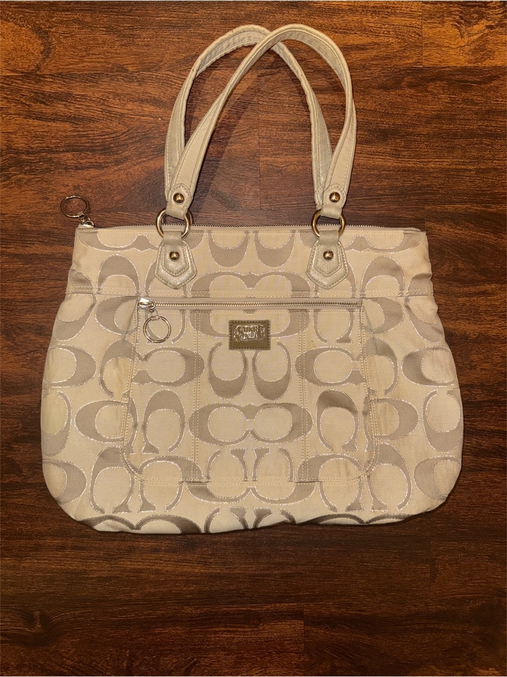 Coach Beige Signature Jacquard Tote with Gold Hardware